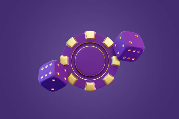 istock Golden Dice and Poker Chip on Purple Background. 3D render illustration 2158853885