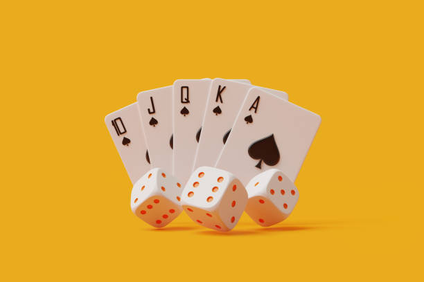 Poker Royal Flush and Dice on Orange Background. 3D render illustration