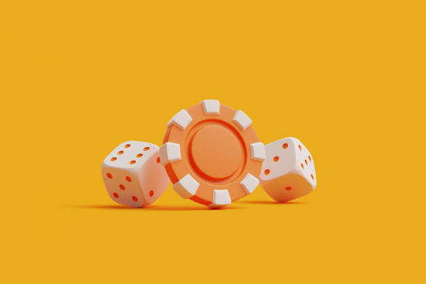 istock Orange Poker Chip with Dice on Yellow. 3D render illustation 2158853916