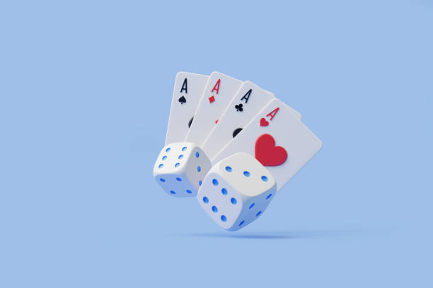 istock Four Aces with Dice on Light Blue Background. 3D render illustration 2158853938