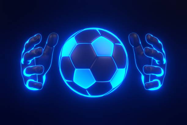 istock Neon Soccer Ball Held by Glowing Hands. 3D render illustration 2158853994
