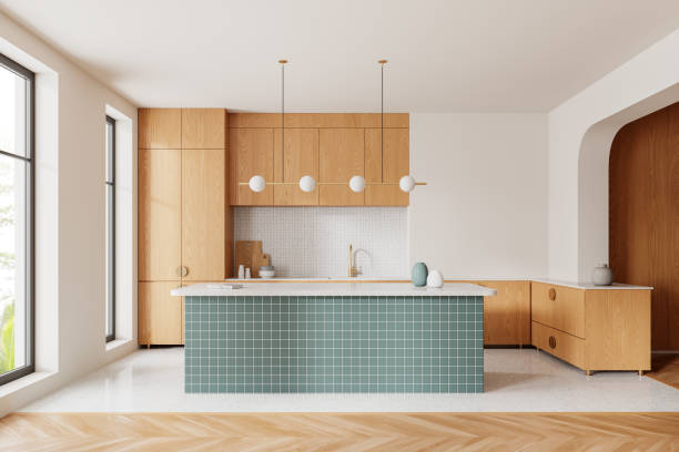 istock Wooden home kitchen interior with bar island, cabinet and panoramic window 2158855738