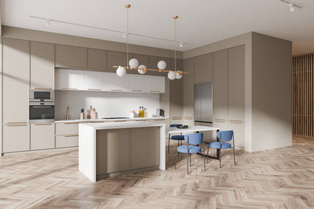 istock Elegant home kitchen interior bar island and cooking cabinet with fridge 2158855772