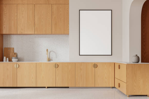 istock Wooden home kitchen interior with cooking cabinet and kitchenware. Mockup poster 2158855885
