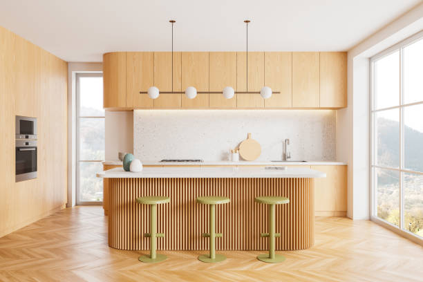 istock Wooden home kitchen interior with bar countertop, panoramic window 2158855892