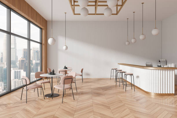 istock Modern restaurant interior with bar island and eating space, panoramic window 2158855903