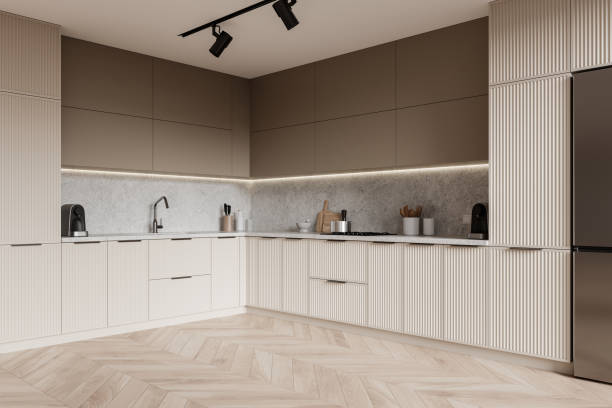 istock Luxury home kitchen interior with cooking cabinet and kitchenware, fridge 2158855919