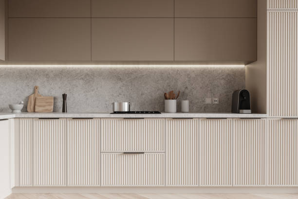 istock Gray and beige kitchen interior with cabinets 2158856038