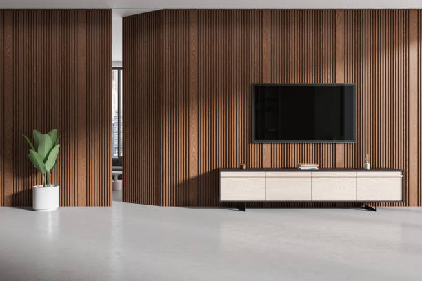 istock Modern office interior with tv screen, sideboard and wooden wall partition 2158856124