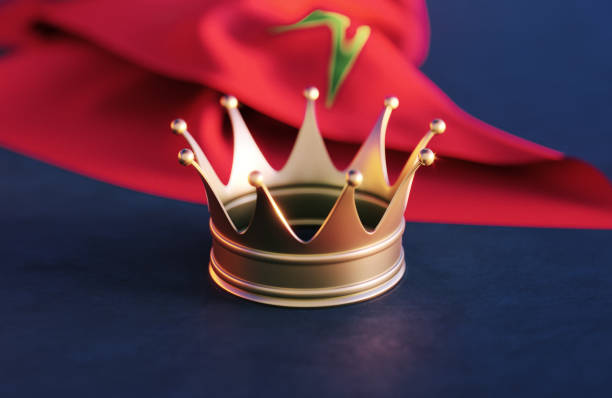 Crown before Moroccan flag. Horizontal composition. Royalty concept.