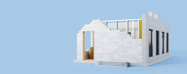 istock Brick house exterior under-construction on blue background 2158856300