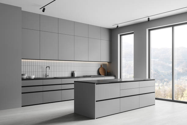 istock Grey home kitchen interior bar counter and cooking cabinet, panoramic window 2158856719