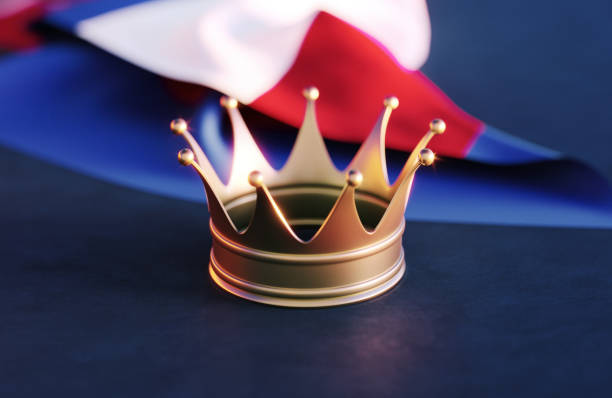 Crown before Dutch flag. Horizontal composition. Royalty concept.
