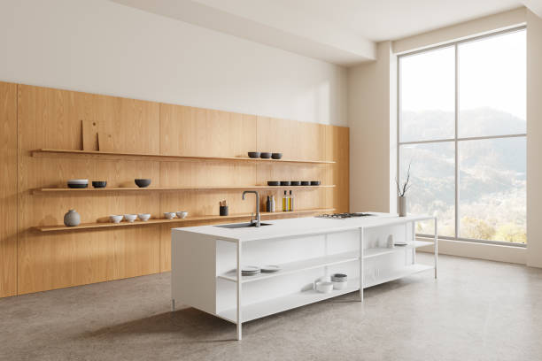 istock Modern wooden home kitchen interior with bar counter, panoramic window 2158856879