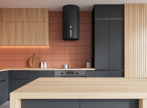 istock Wooden home kitchen interior with empty bar counter and cooking cabinet 2158857017