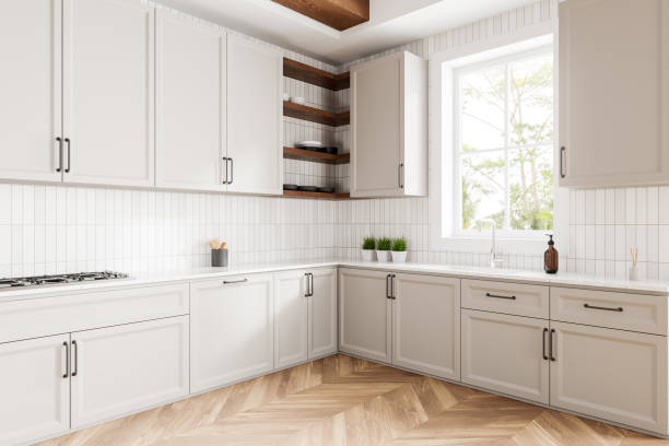 istock Stylish home kitchen interior cooking cabinet and panoramic window 2158857079