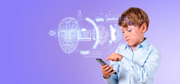 istock School kid working with smartphone, digital hologram with face id and privacy 2158857113