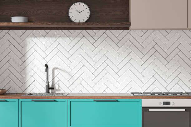 istock Colored home kitchen interior with washbasin and stove, shelves and kitchenware 2158857288