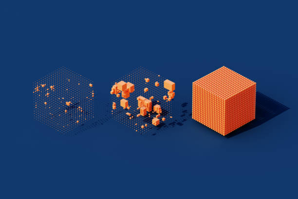Various transformations of an orange smart cube on blue background. Fintech and AI concept.