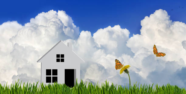 A white paper house sits in a field of green grass, with two butterflies fluttering nearby against a backdrop of fluffy white clouds and a blue sky.