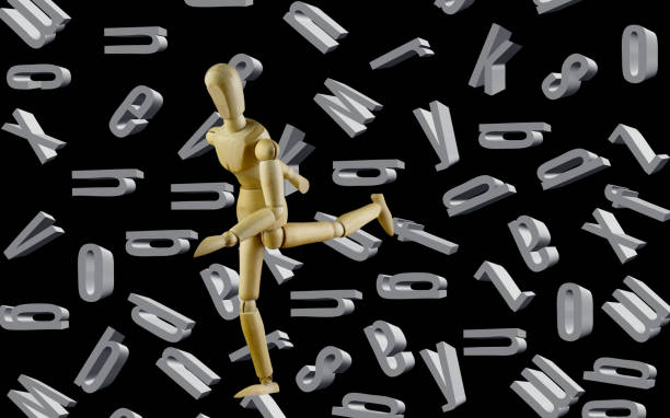 A wooden mannequin runs with its leg outstretched, dodging falling letters against a black background.