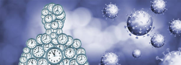 istock image depicts a human silhouette made up of numerous clock faces, symbolizing the passage of time. Surrounding the figure are virus-like particles set against a blue, blurred background. 2158858537