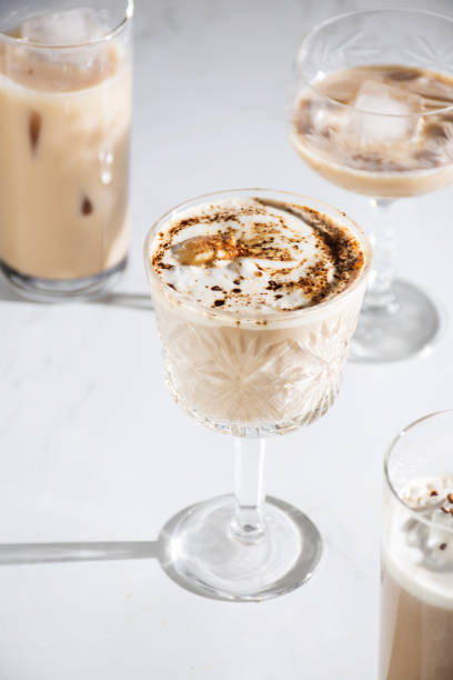 istock Vertical shot of various iced coffee drinks in elegant glasses on a white background 2158859541
