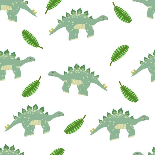istock Cute children dinosaur seamless pattern. Stegosaurus with smile, illustration for kids, wildlife prehistoric animal. 2158861191