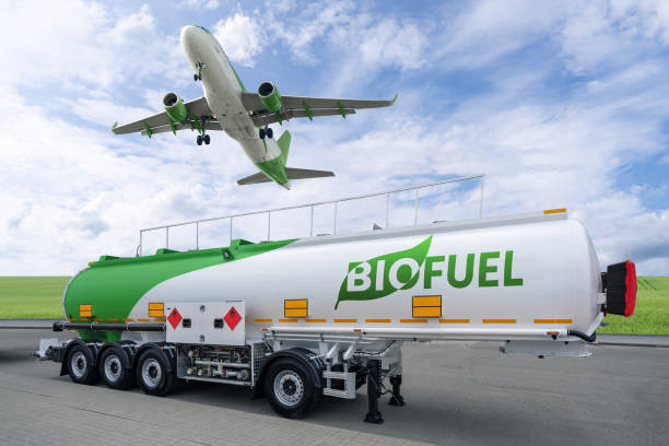 istock Airplane and biofuel tank trailer. Decarbonization concept 2158864269