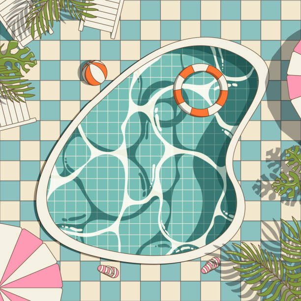 Swimming pool in cute cartoon style, top view, flat summer illustration, hotel vacation concept