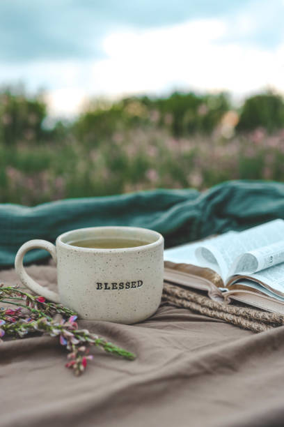 istock Cup with text BLESSED and open Bible in the garden, good morning 2158874521
