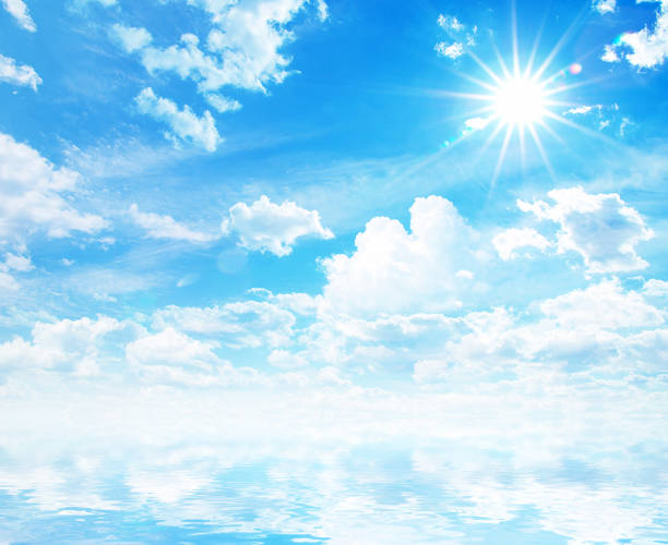 white fluffy clouds with rainbow in the blue sky