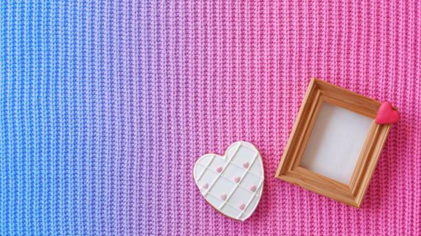 istock Blue Pink Gradient Invitation Card. Textured Background. Cute Template. Valentine Conception. Wooden Frame. Heart Shape Cookie. Vintage Photo 2158875483