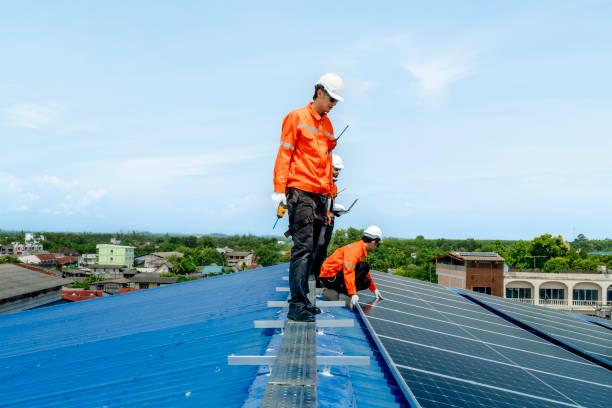 istock engineer man inspects construction of solar cell panel or photovoltaic cell by electronic device. Industrial Renewable energy of green power. factory worker working on tower roof. 2158883553