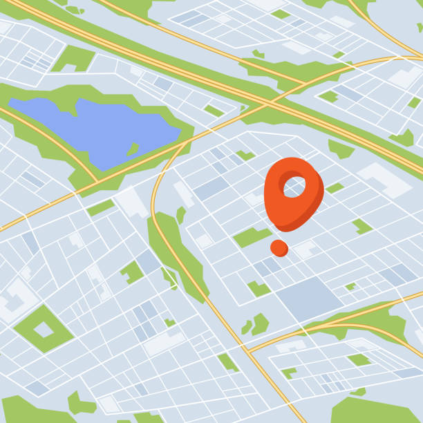 istock Stylized Modern City Map Featuring A Prominent Location Pin Marker. Highlights Roads, Parks, And Urban Areas 2158889781