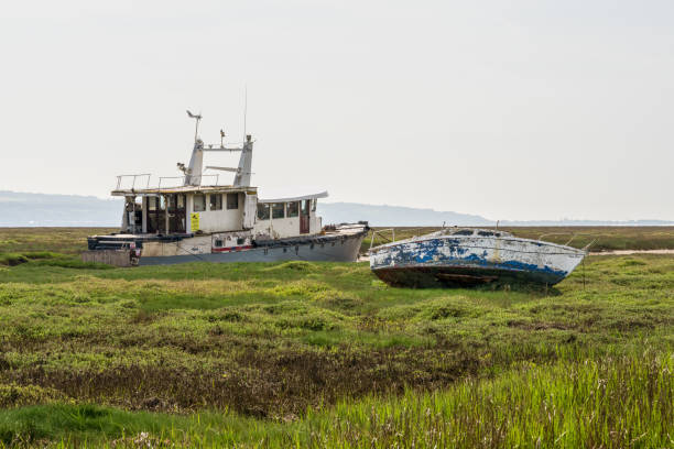 Heswall, Merseyside, England, UK - May 17, 2023: Shipwrecks in the marshland