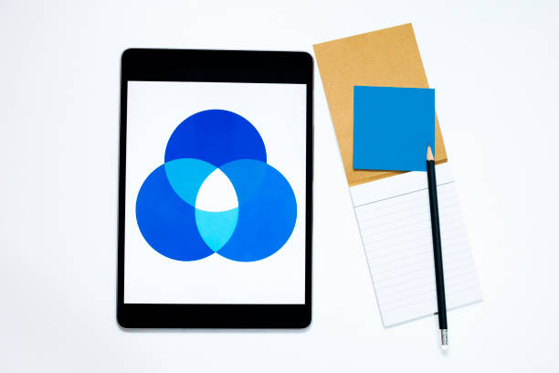 Digital tablet with blue infographic and blue note and pencil  and small note pad on white office table