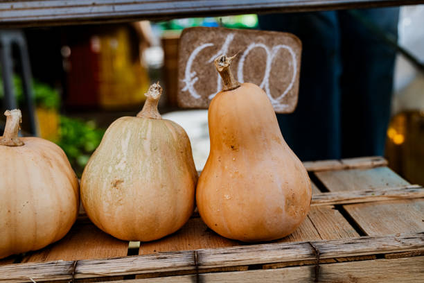 Orange Squash for Sale for 1 Euro on a Wooden Crate at the Market  in the Fall in Castellana Grotte in Puglia, Italy