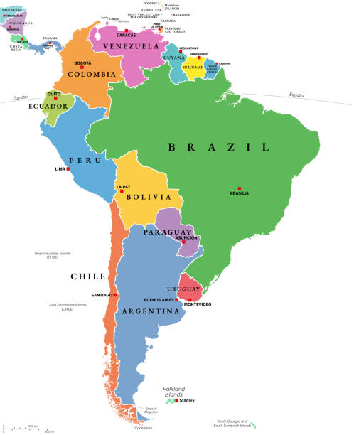 South America, multi colored political map with borders and capitals South America, multi colored political map with international borders and capitals. Continent, bordered by the Pacific and Atlantic Ocean, North America and the Caribbean Sea. Isolated illustration. south america with capitals stock illustrations