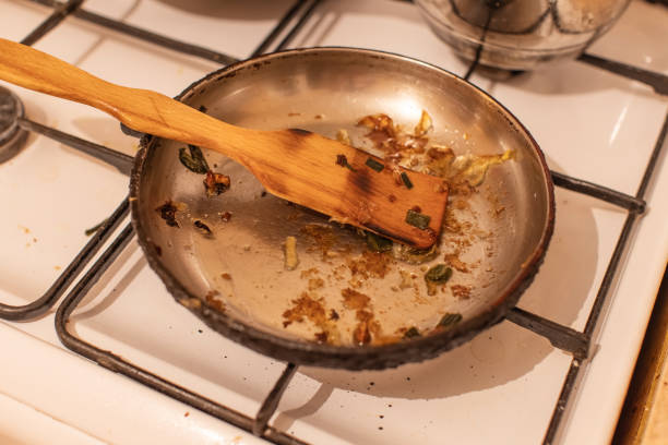 Dirty frying pan with oil.