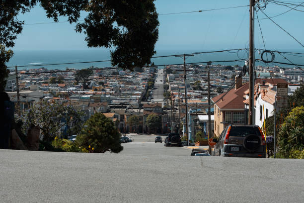 San Diego, CA - August 16, 2023: Colorful vacation houses along access road to ocean beachfront from Mission Boulevard in San Diego, Southern California