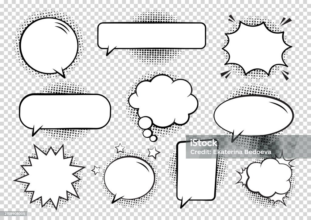 Retro empty comic bubbles and elements set with black halftone shadows on transparent background. - Royalty-free Balão de Fala arte vetorial Retro empty comic bubbles and elements set with black halftone shadows on transparent background. - Royalty-free Balão de Fala arte vetorial