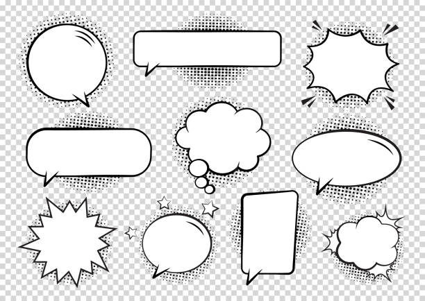 ilustrații de stoc cu retro empty comic bubbles and elements set with black halftone shadows on transparent background. - bubble speech
