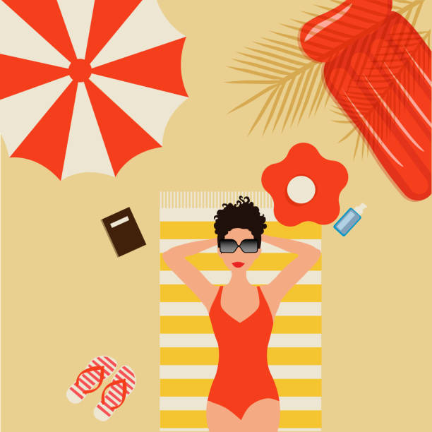 The image shows a stylized, flat design illustration of a woman enjoying a sunny day at the beach. She lies on a yellow-and-white striped beach towel, wearing a red one-piece swimsuit and black sunglasses. His arms are relaxed behind his head. The image shows a stylized, flat design illustration of a woman enjoying a sunny day at the beach. She lies on a yellow-and-white striped beach towel, wearing a red one-piece swimsuit and black sunglasses. His arms are relaxed behind his head.
Various beach items are scattered around:
A red and white beach umbrella in the upper left.
A brown book next to his left shoulder.
Bottom left is a pair of red and white striped flip-flops.
In the upper right is a large red inflatable buoy.
A red flower-shaped hat with a white center near its right side.
A small bottle of sunscreen or lotion next to the hat.
There are also palm leaves that create shade, adding to the beach atmosphere. The overall color scheme is bright and summery; There are mainly red, yellow and beige tones. red beach chairs stock illustrations