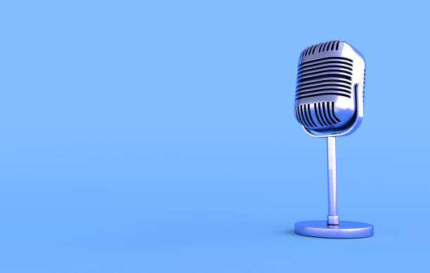 istock Retro concert microphone realistic 3d render. Golden mike on pink background 2158912496