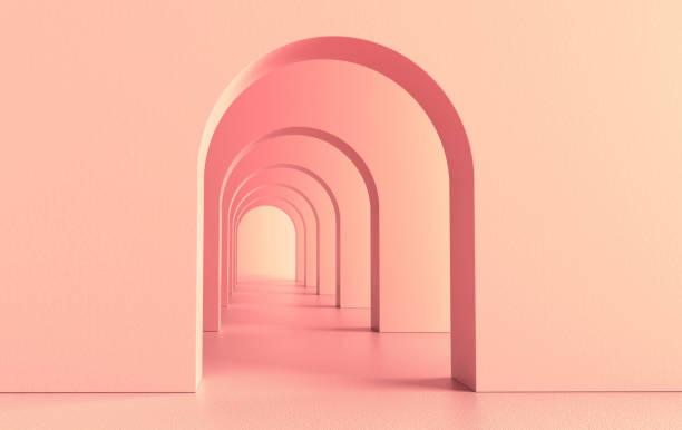 istock 3d rendering. Arch hallway simple geometric background, architectural corridor, portal, arch columns inside empty wall. Modern minimal concept 2158912510