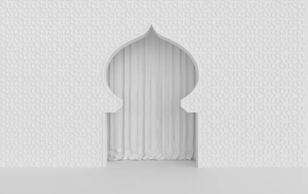 istock Muslim mosque element in arabic, Islamic architecture style. Ramadan Kareem. White interior walls with curtains and ornated mouldings. 3d rendering interior mock up. 2158912551