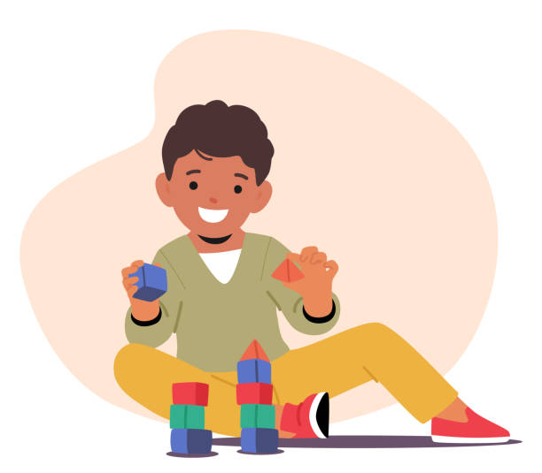 Cheerful Boy Sitting On The Floor And Playing With Colorful Building Blocks, Focusing On Creation And Play Cheerful Boy Sitting On The Floor And Playing With Colorful Building Blocks, Focusing On Creation And Play. Cartoon Vector Child Character Is Happy And Engaged In A Fun And Educational Activity carefree stock illustrations