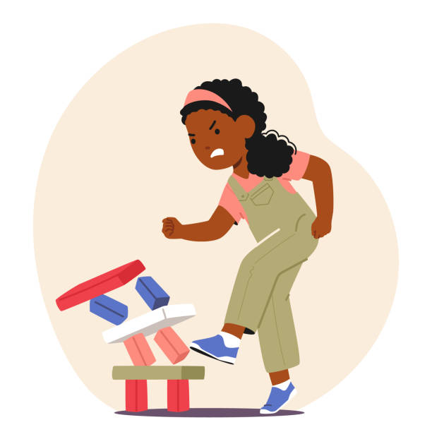 Angry Black Girl Expressing Frustration By Kicking Down A Colorful Block Tower. Cartoon Vector Scene Depicts Anger Angry Black Girl Expressing Frustration By Kicking Down A Colorful Block Tower. Cartoon Vector Scene Depicts Emotions Of Anger, Destruction, Childhood Tantrum With Emphasis On Breaking And Conflict angry kid break stock illustrations