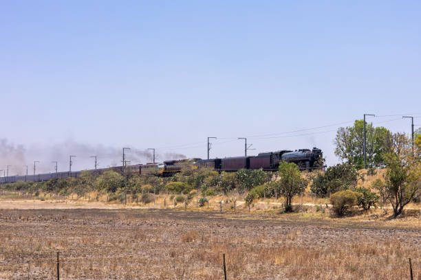 Steam locomotive running on the tracks, crossing Mexico